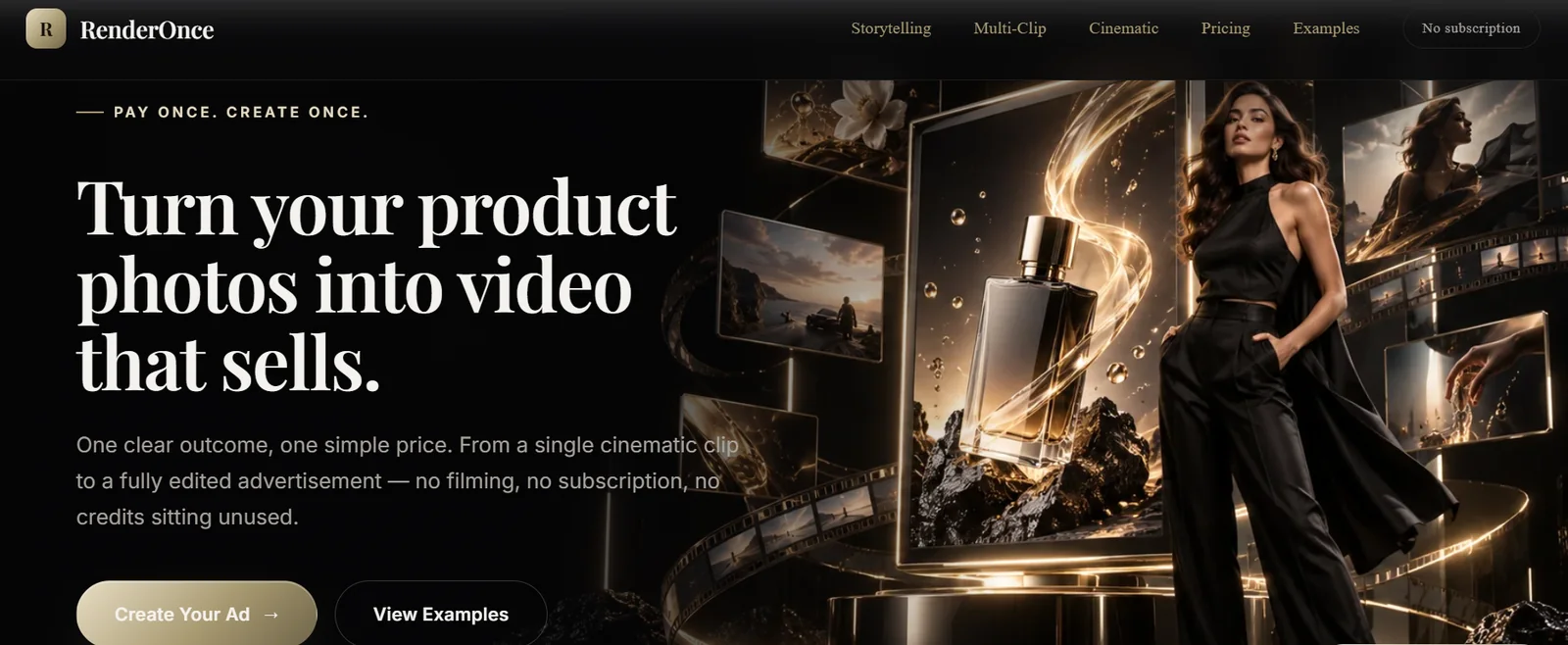 RenderOnce homepage — cinematic black-and-gold hero with editorial serif headline