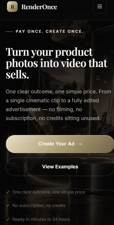 RenderOnce mobile homepage — responsive navigation, hero and call-to-action buttons