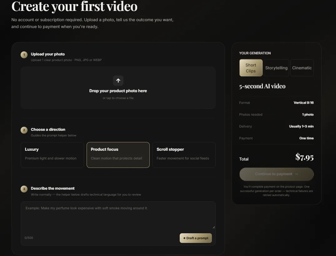 RenderOnce creation interface — photo upload, creative direction choices and order summary