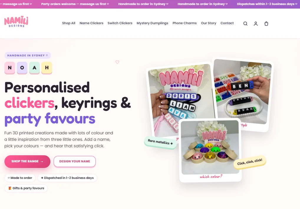 Namili Designs draft desktop homepage — pastel letter tiles, “Personalised clickers, keyrings & party favours” heading and polaroid product photos