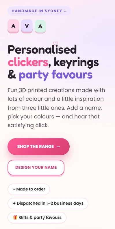 Namili Designs draft mobile homepage — stacked heading, Shop the range and Design your name buttons